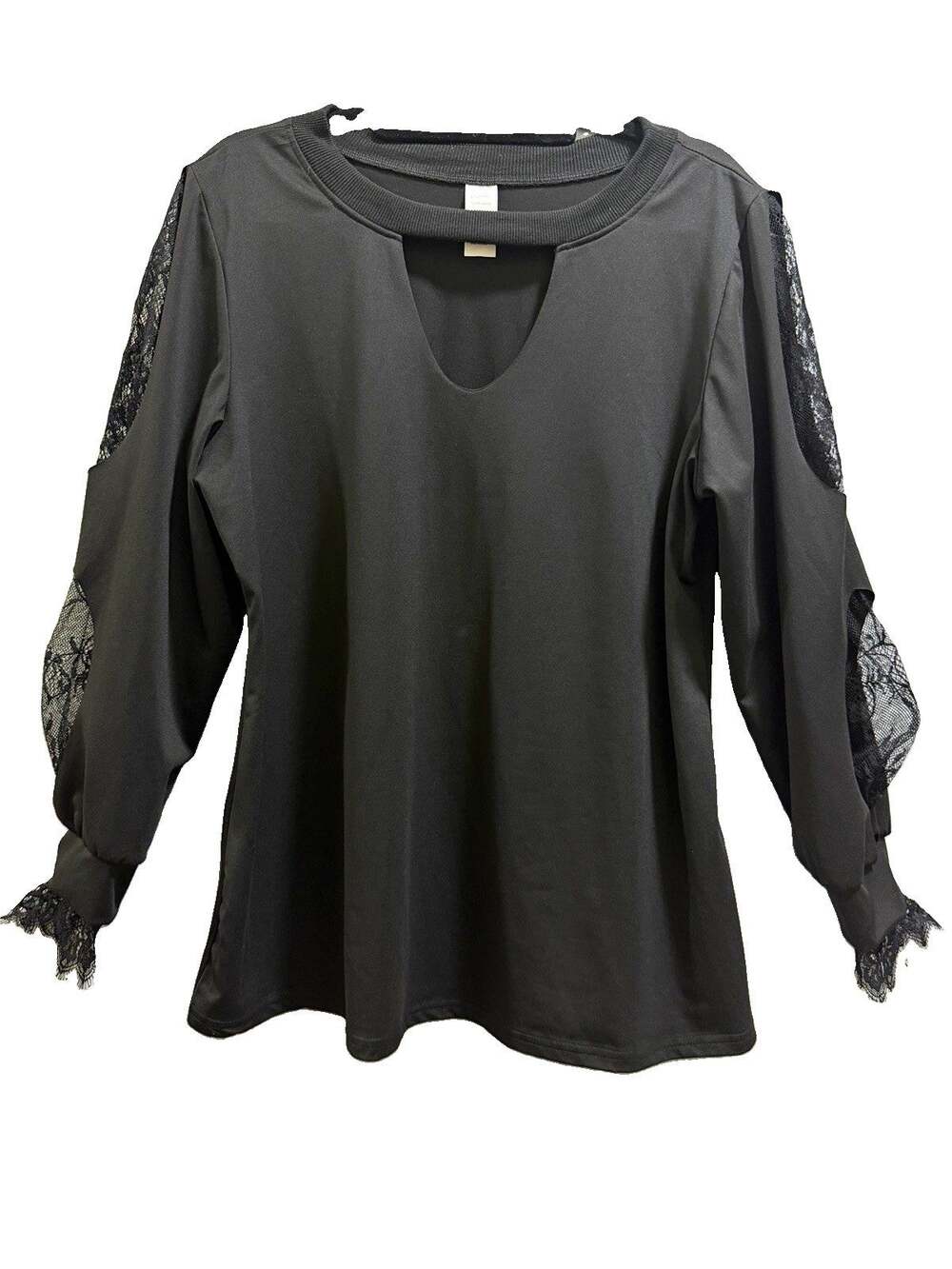 Womens Black V-Neck Pullover Blouse Lace Sleeve Cutouts Plus 1XL Polyester
